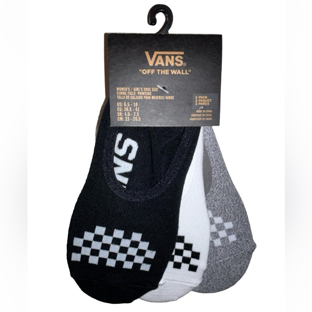 Vans No Show Socks 3 Pair Women 6.5-10 Black White Gray wLogo Check Off The Wall